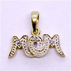 14K Solid Yellow Gold Round Diamond Accent MOM Mother's Pendant